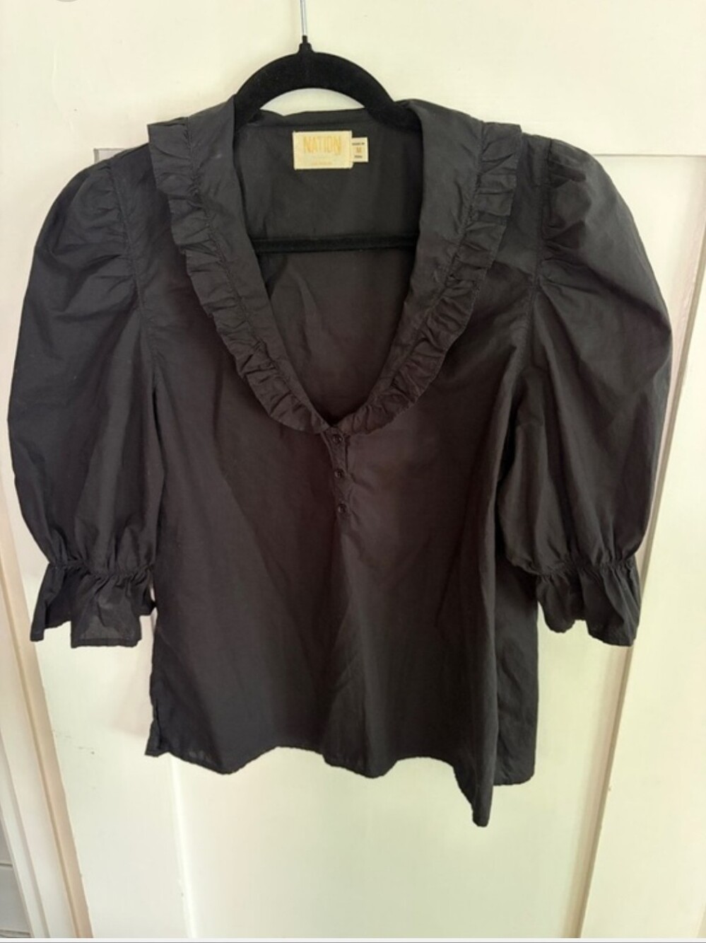 Nation LTD Black Ruffle V-Neck Puff Sleeve Blouse